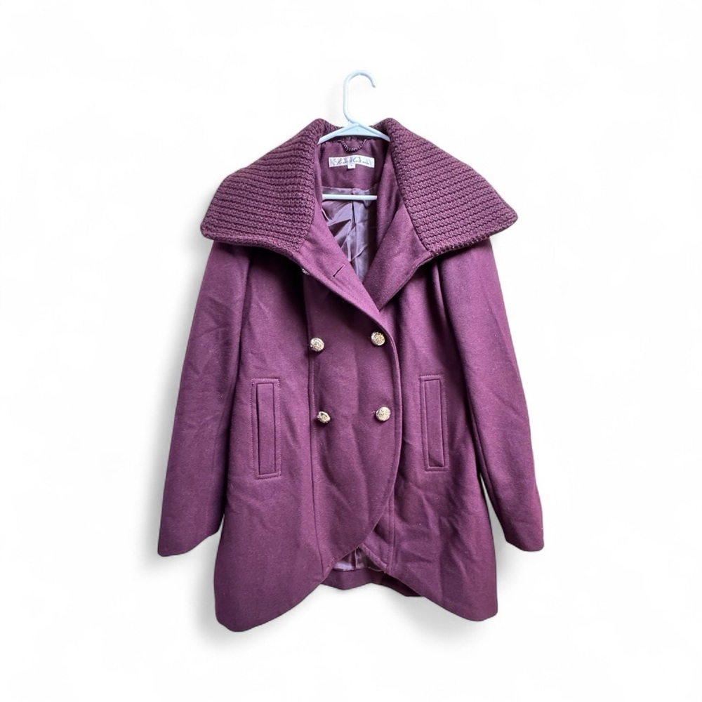 Kenneth Cole New York Wool Blend Peacoat Size 8 Plum Purple Knit Collar Jacket